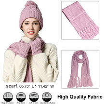 Load image into Gallery viewer, Warm Scarf Glove Hat Beanie Set - Cable Knit Winter Gift Set Pom Cap Touch Screen Glove Long Scarf 3 PCS Set for Women