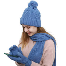 Load image into Gallery viewer, Warm Scarf Glove Hat Beanie Set - Cable Knit Winter Gift Set Pom Cap Touch Screen Glove Long Scarf 3 PCS Set for Women (Sky blue)