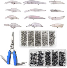Load image into Gallery viewer, Unpainted Fishing Blank Lures DIY Crankbait Lures Kits, 313Pcs Including Fishing Treble Hooks Set Split Rings Kit Fishing Pliers Scissors DIY Hard Bait Fishing Tackle