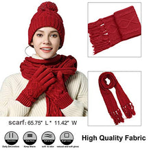 Load image into Gallery viewer, Warm Scarf Glove Hat Beanie Set - Cable Knit Winter Gift Set Pom Cap Touch Screen Glove Long Scarf 3 PCS Set for Women