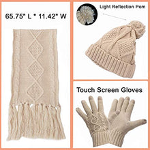 Load image into Gallery viewer, Warm Scarf Glove Hat Beanie Set - Cable Knit Winter Gift Set Pom Cap Touch Screen Glove Long Scarf 3 PCS Set for Women