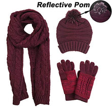 Load image into Gallery viewer, Warm Scarf Glove Hat Beanie Set - Cable Knit Winter Gift Set Pom Cap Touch Screen Glove Long Scarf 3 PCS Set for Women