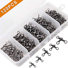 Load image into Gallery viewer, 3 Way Cross-Line Barrel Fishing Swivels Set - 120PCS Brass T-Shape Triple Swivel Connector Fast Rolling Swivels Tackle Accessories Test 30-90 lbs