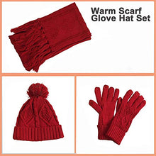 Load image into Gallery viewer, Hat Glove Scarf Set Women, 3 in 1 Beanie Hat and Scarf Winter Set Knit Warm Winter Gift Set for Women Girls (Carmine)