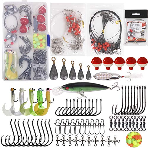 Saltwater Surf Fishing Tackle Kit -138pcs Leader Rigs Saltwater Lures Spoon Sinker Weights Floats Hooks Swivel Beach Fishing Gear