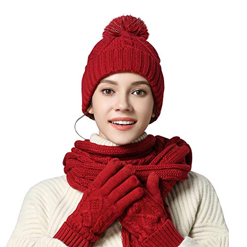 Warm Scarf Glove Hat Beanie Set - Cable Knit Winter Gift Set Pom Cap Touch Screen Glove Long Scarf 3 PCS Set for Women